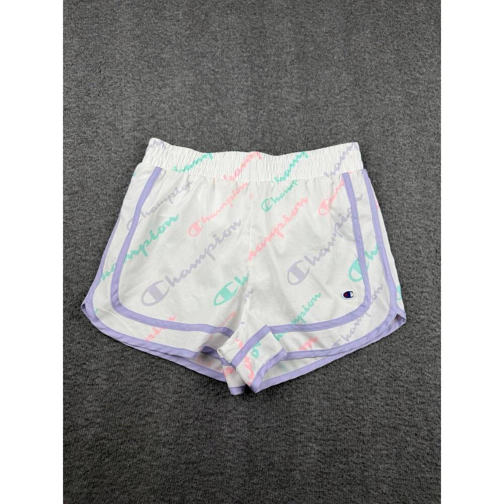 Champion Girls' L (10/12) Active Athletic Shorts White Purple Multi Logo Hem